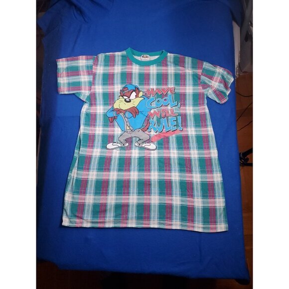 Vintage 90s Looney Tunes Tasmanian Devil (Taz) Plaid Sleep Shirt Men's XL - Picture 15 of 15